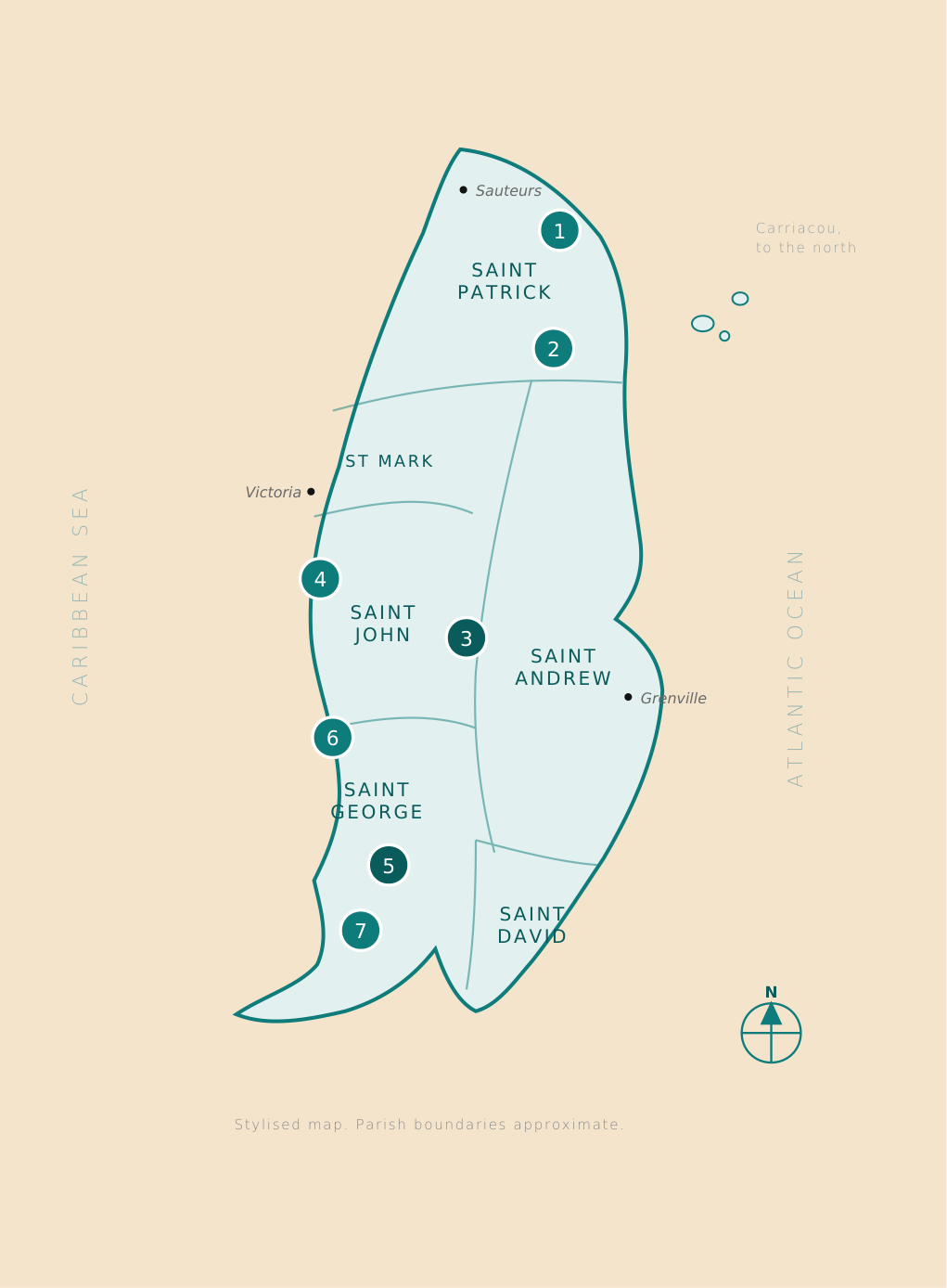 Illustrated map of Grenada's six parishes with seven wildlife locations marked