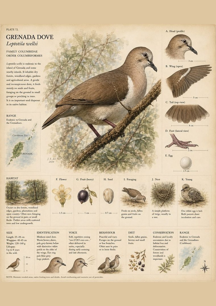Illustrated plate of the Grenada dove, the island's endemic national bird