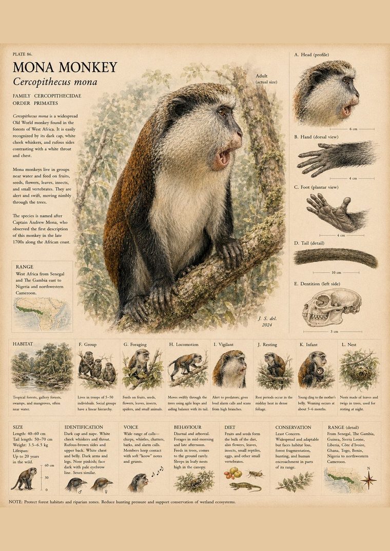 Illustrated plate of the mona monkey of Grand Etang, Grenada
