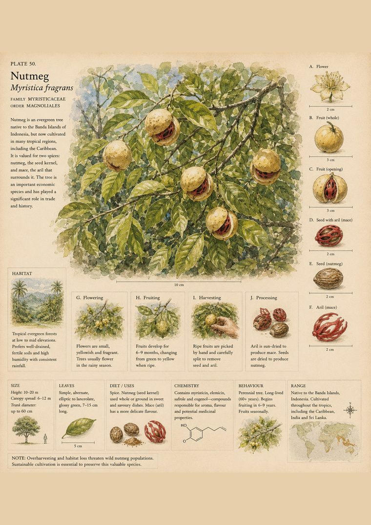 Illustrated plate of nutmeg, the spice on Grenada's flag