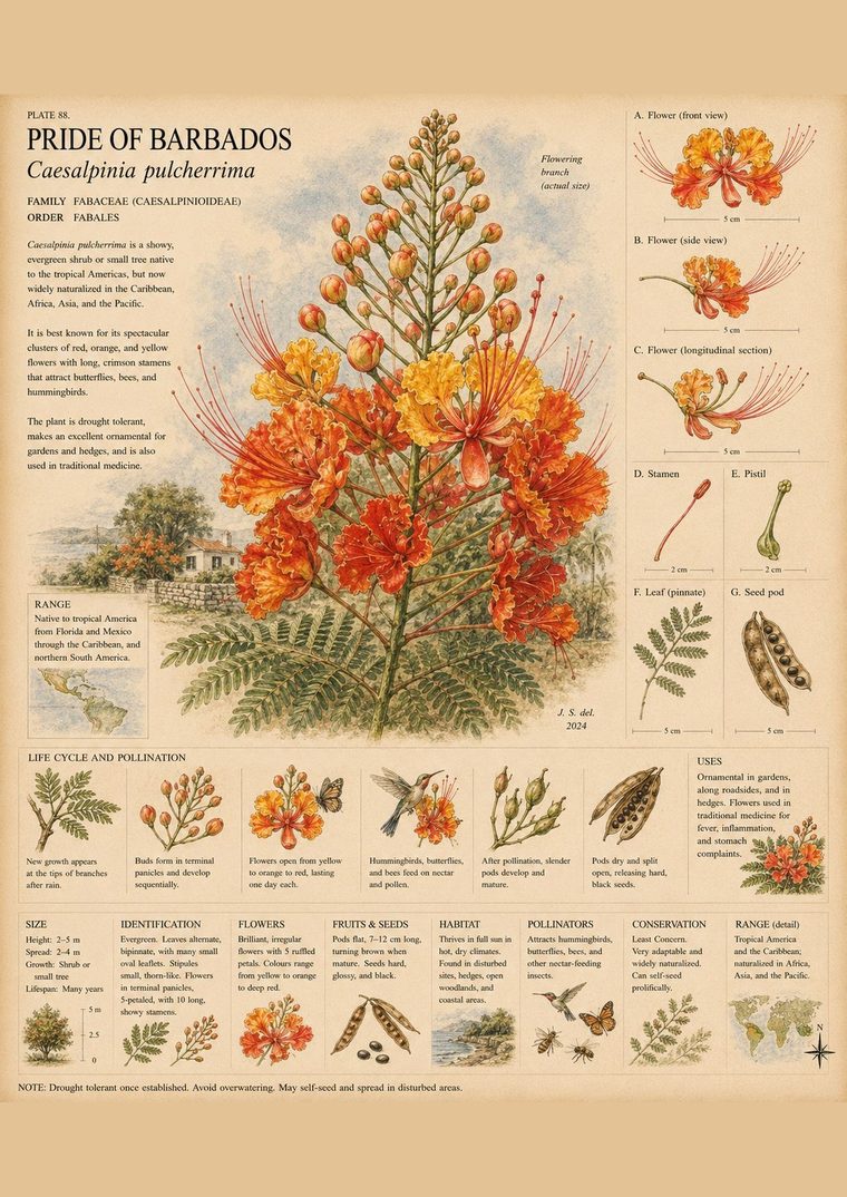 Illustrated plate of the Pride of Barbados flower