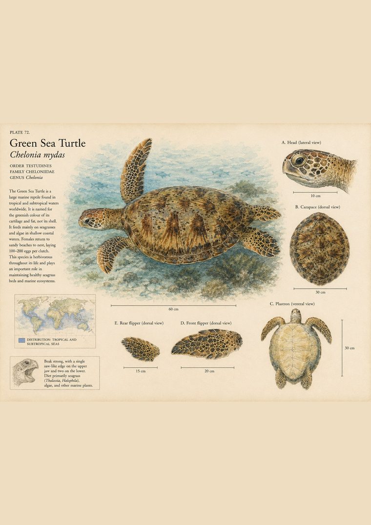 Illustrated plate of the green sea turtle